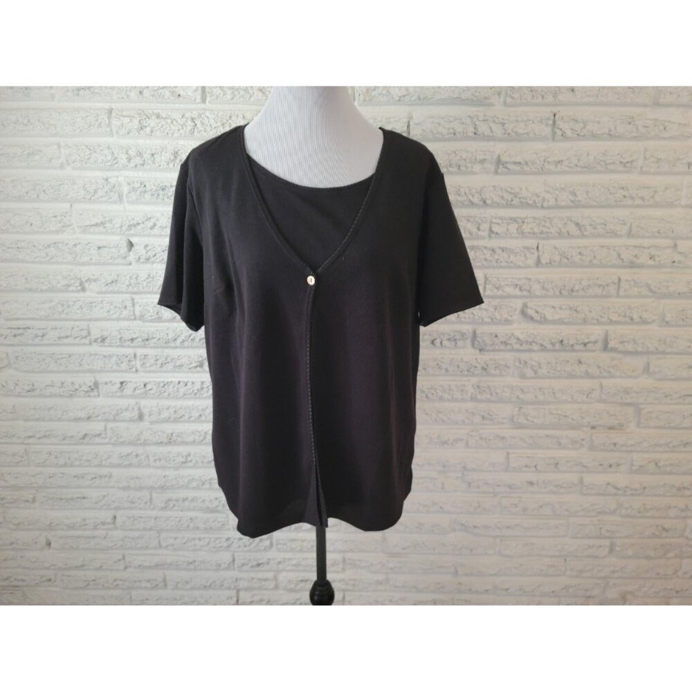 Liz Baker Womens 1X Top Black Round Neck Short Sleeve Polyester Blouse BLA229E